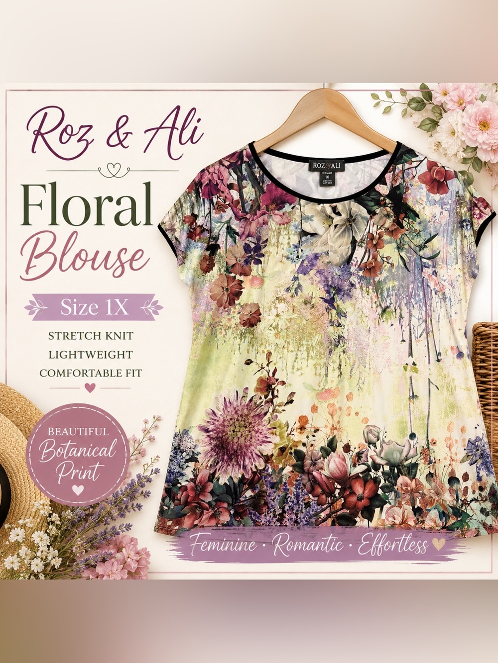 Roz & Ali Women’s 1X Floral Botanical Print Stretch Blouse Cottagecore Top